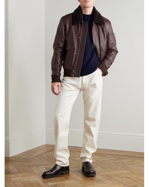 Mr P. Brown Shearling-Trimmed Full-Grain Leather Blouson Jacket for men