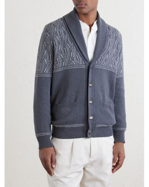 Brunello Cucinelli Blue Shawl-Collar Knitted Cotton Cardigan for men