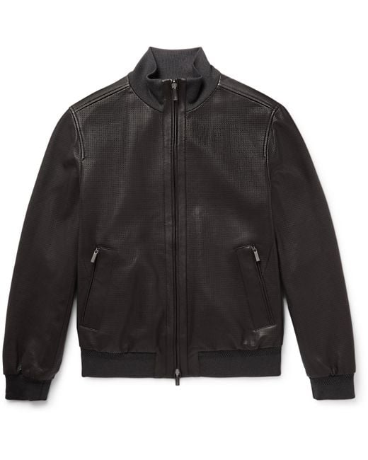 Ermenegildo Zegna Black Reversible Perforated Leather And Shell Bomber Jacket for men
