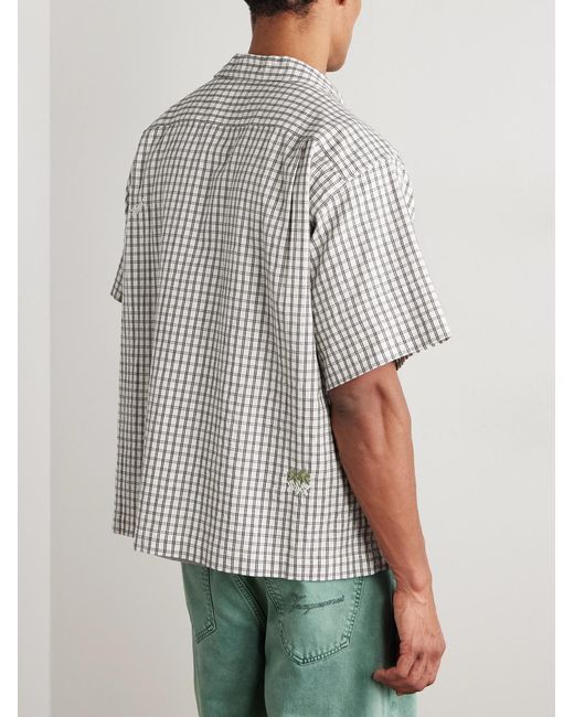 STORY mfg. Gray Camp-Collar Bead-Embellished Checked Organic Cotton Shirt for men