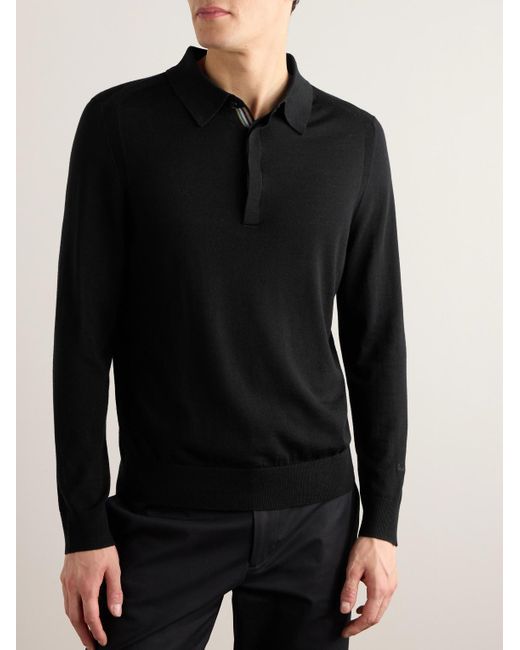Paul Smith Black Embroidered Merino Wool Polo Shirt for men
