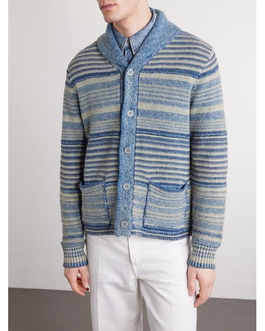 RRL Blue Shawl-Collar Striped Cotton And Linen-Blend Cardigan for men