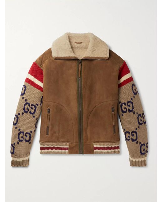 Gucci Brown Knitted Sleeve Shearling Suede Jacket for men