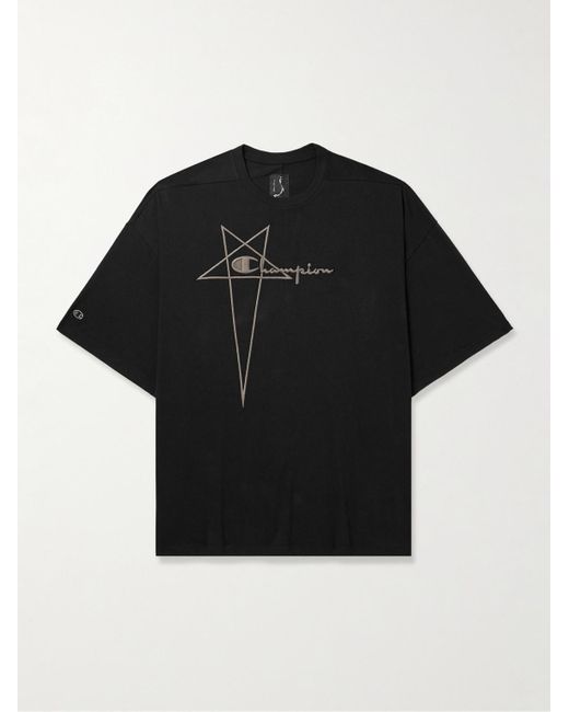 Rick Owens Black Champion Tommy Oversized Logo-embroidered Cotton-jersey T-shirt for men