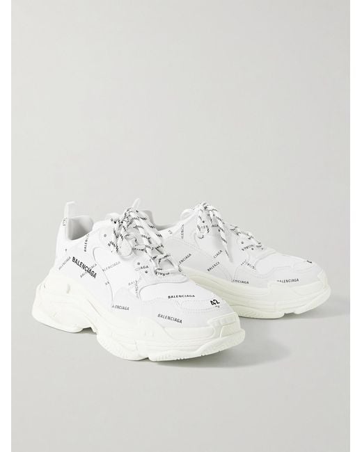 Balenciaga White Triple S Logo-Print Faux Leather Sneakers for men