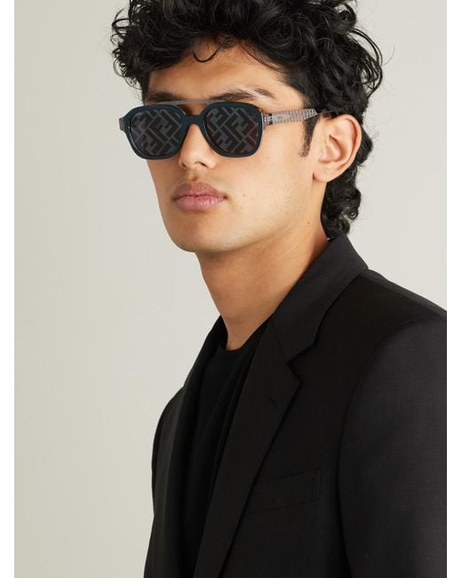 Fendi Blue Silver-tone And Acetate D-frame Sunglasses for men