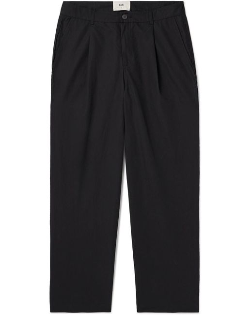 Folk Blue Wide-leg Pleated Cotton And Linen-blend Twill Trousers for men