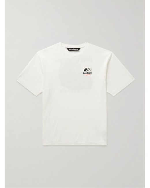 T-shirt in jersey di cotone con stampa e logo ricamato Racing di Palm Angels in White da Uomo