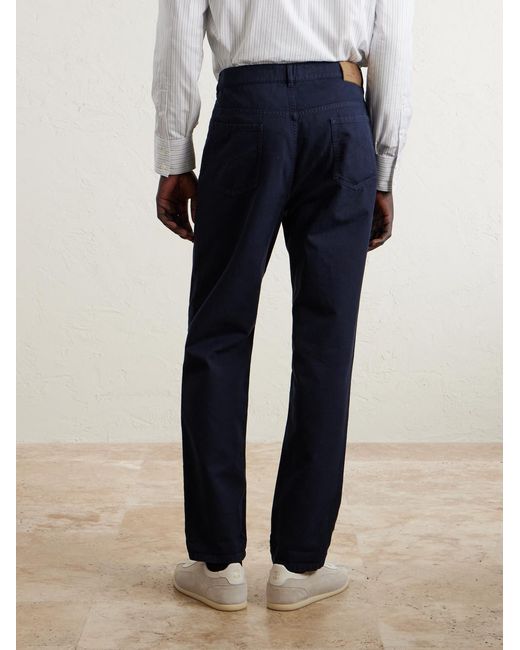 Brunello Cucinelli Blue Logo- Embroidered Straight-Leg Cotton-Twill Trousers for men