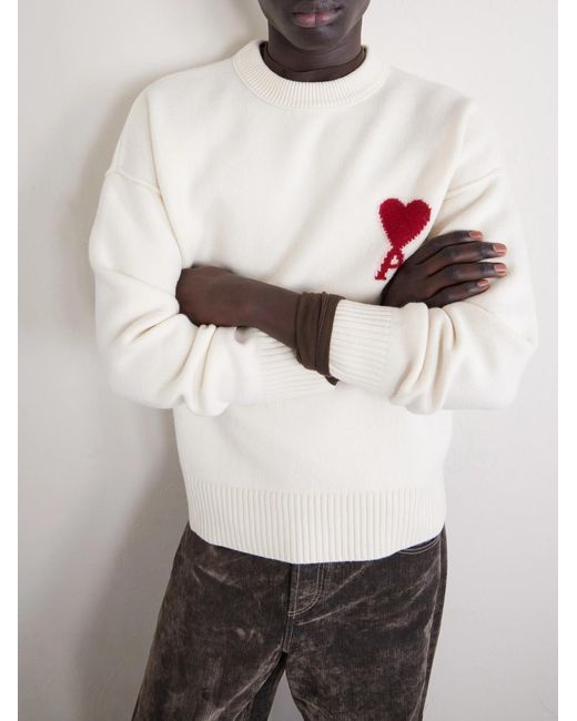 AMI Natural Logo-Intarsia Virgin Wool Sweater for men