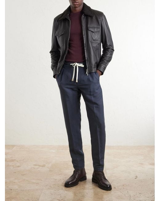 Eleventy Blue Straight-Leg Lyocell And Linen-Blend Trousers for men