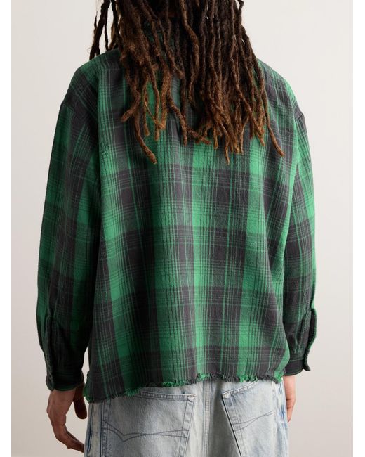 SAINT Mxxxxxx Green Distressed Checked Cotton-Flannel Shirt for men