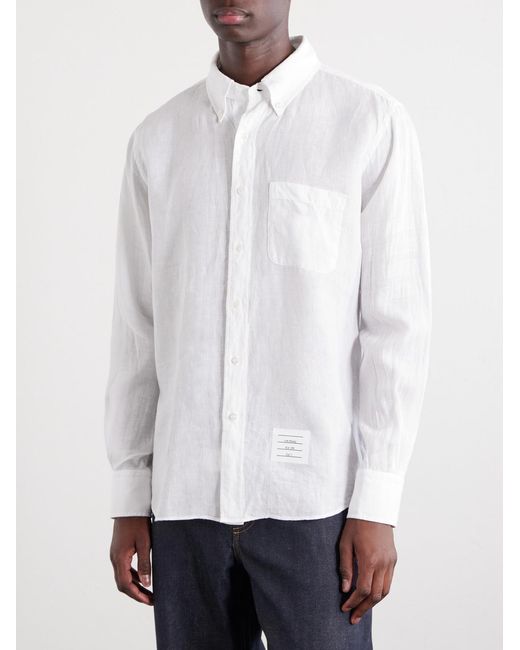 Thom Browne White Logo-Appliquéd 4-Bar Linen Shirt for men