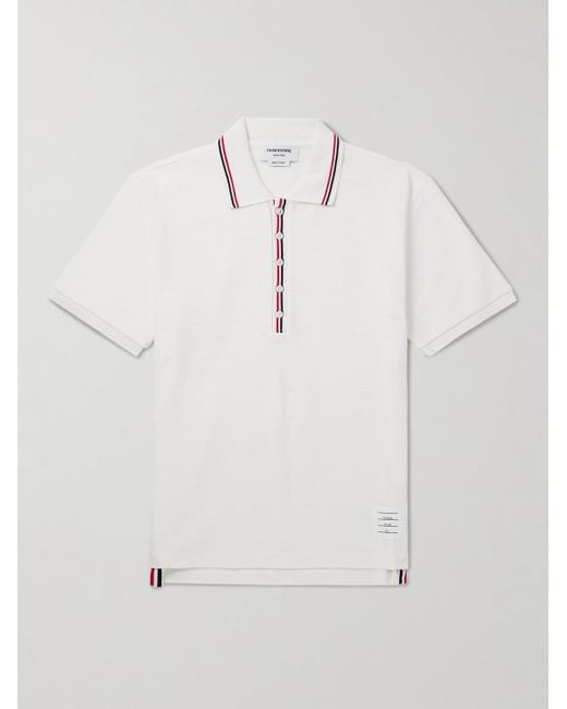 Thom Browne White Logo-appliquéd Striped Waffle-knit Cotton Polo Shirt for men