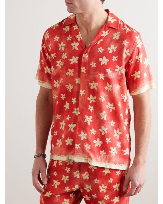 Orlebar Brown Red Maitan Budding Life Camp-collar Floral-print Canvas Shirt for men