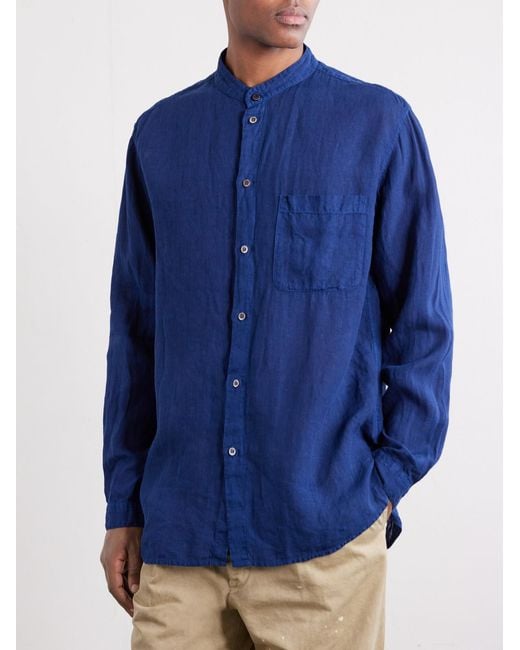 Blue Blue Japan Blue Grandad-collar Linen-chambray Shirt for men