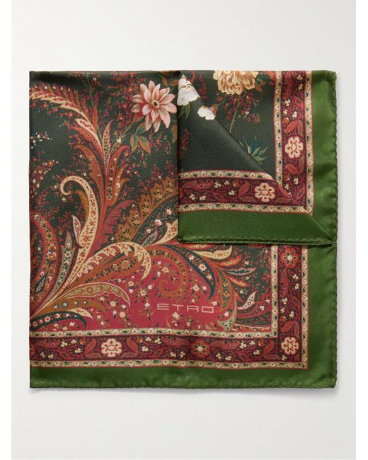 Etro Green Printed Silk-twill Pocket Square for men