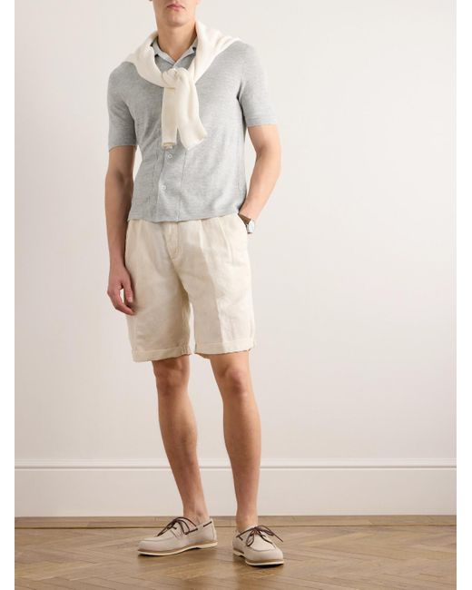 Camicia in misto lino e cotone fiammato con colletto aperto di Brunello Cucinelli in White da Uomo