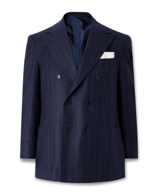 Kiton Blue Double-Breasted Pinstriped Virgin Wool And Cashmere-Blend Flannel Suit Jacket for men