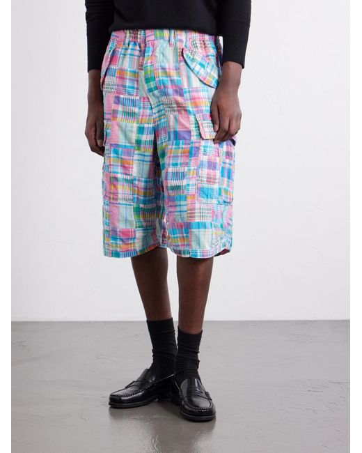 Beams Plus Blue Beach Straight-Leg Patchwork Checked Cotton Cargo Shorts for men