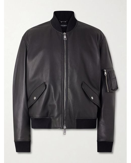 Dolce & Gabbana Black Padded Full-Grain Leather Bomber Jacket for men