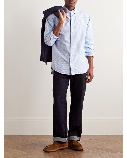 Colby 5910 Button-Down Collar Logo-Embroidered Striped Organic Cotton Shirt di NN07 in Blue da Uomo