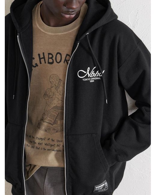 Neighborhood Black Staple Logo-Print Cotton-Fleece Zip-Up Hoodie for men
