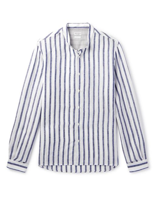 Brunello Cucinelli Blue Grandad-collar Striped Linen Shirt for men