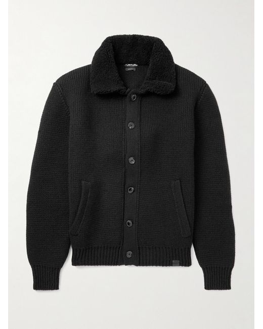 Tom Ford Black Bouclé-Trimmed Ribbed Cashmere Cardigan for men