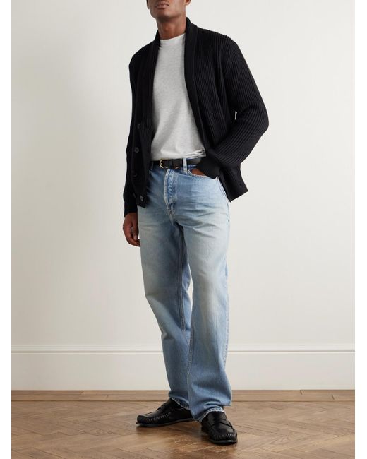 Tom Ford Black Shawl-Collar Double-Breasted Ribbed Wool And Silk-Blend Cardigan for men