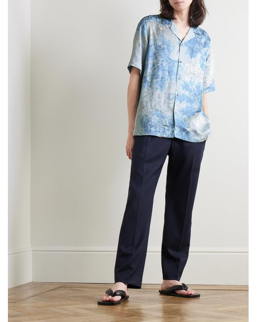 Dries Van Noten Blue Camp-Collar Printed Satin Shirt for men