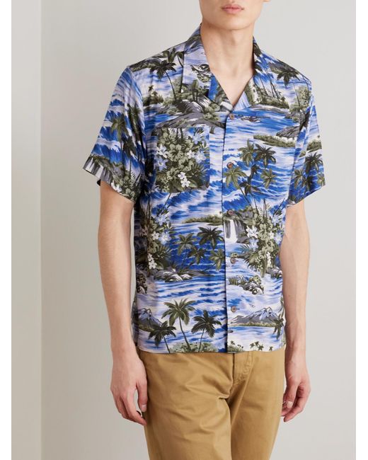 RRL Blue Camp-Collar Floral-Print Woven Shirt for men