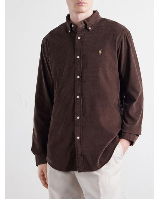 Polo Ralph Lauren Brown Button-Down Collar Logo-Embroidered Cotton-Corduroy Shirt for men
