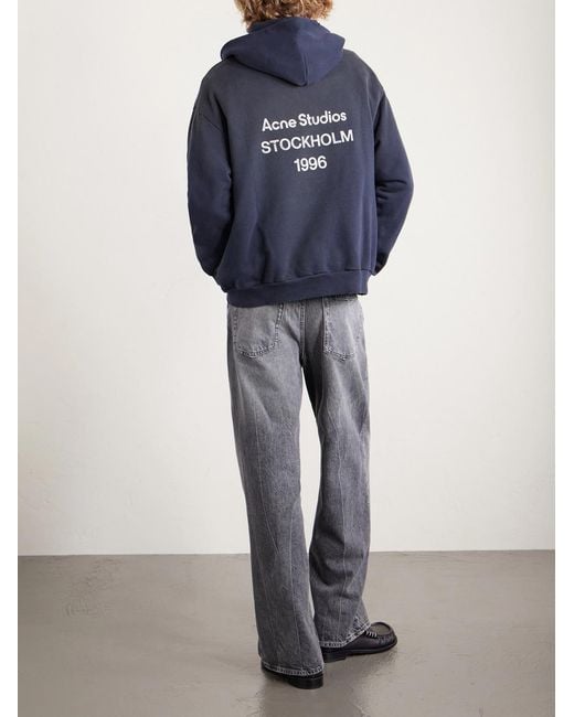 Acne Blue Franziska Garment-dyed Distressed Logo-print Cotton-blend Jersey Hoodie for men