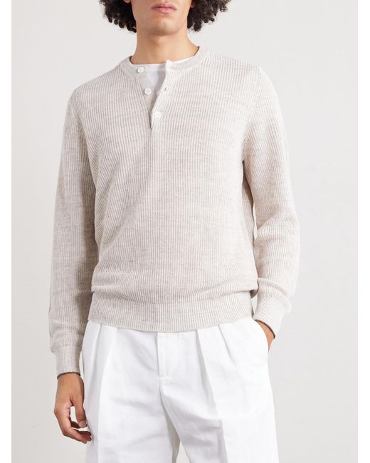 Brunello Cucinelli White Ribbed Linen And Cotton-blend Henley Shirt for men