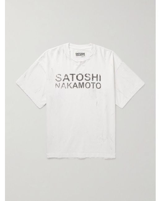 Satoshi Nakamoto White Luke Distressed Logo-Print Cotton-Jersey T-Shirt for men