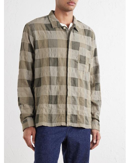 Folk Green Patch Checked Cotton-Blend Seersucker Shirt for men