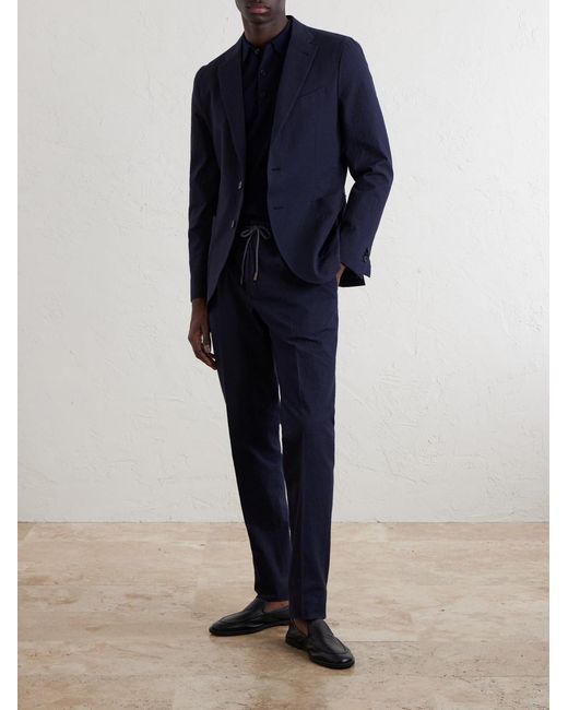 Slowear Blue Tapered Cotton-Blend Seersucker Trousers for men