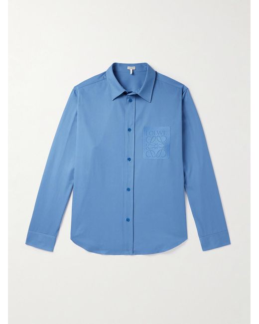 Camicia in popeline di cotone con logo ricamato di Loewe in Blue da Uomo