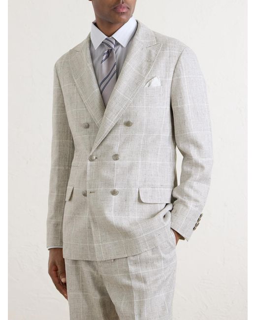 Brunello Cucinelli Gray Double-Breasted Checked Linen-Blend Suit Jacket for men