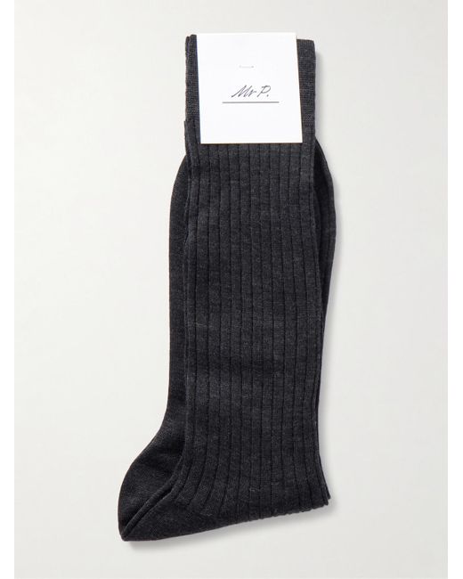 Mr P. Black Ribbed Merino Wool-blend Socks for men