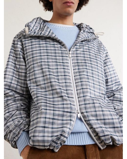 Jil Sander Blue Padded Checked Silk-Blend Hooded Jacket for men