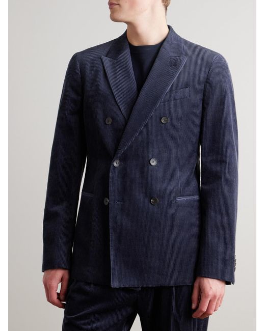 Mr P. Blue Slim-Fit Double-Breasted Cotton And Cashmere-Blend Corduroy Tuxedo Jacket for men