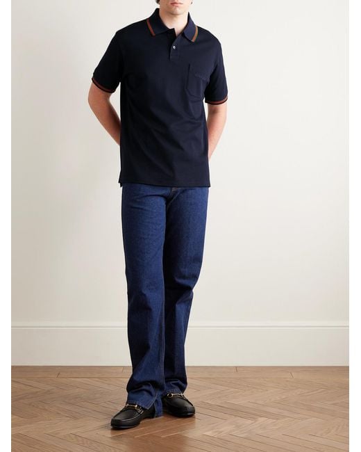 Logo-Embroidered Cotton-Piqué Polo Shirt di Gucci in Blue da Uomo