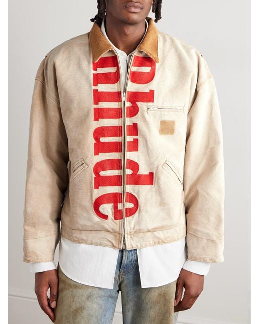Rhude Pink Corduroy-trimmed Logo-print Distressed Cotton-canvas Bomber Jacket for men