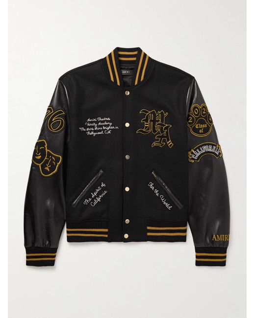 Amiri Black Appliquéd Wool-Blend And Full-Grain Leather Varsity Jacket for men
