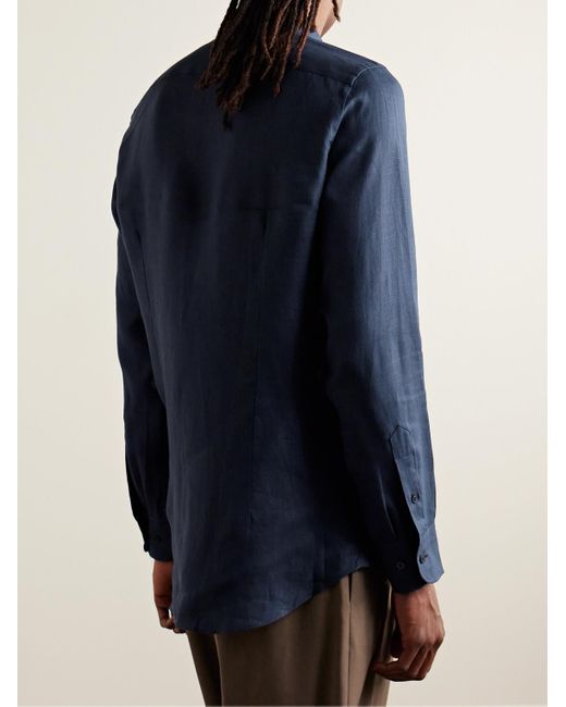 Etro Blue Slim-fit Logo-embroidered Linen Shirt for men