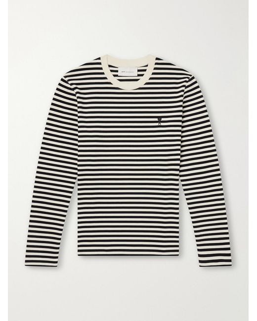 AMI Black Logo-embroidered Striped Cotton-jersey T-shirt for men