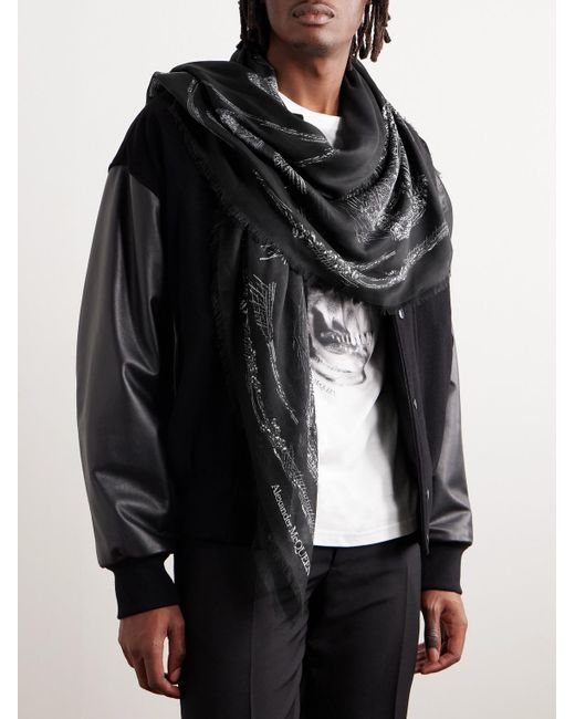 Alexander McQueen Fringed Printed Lyocell-twill Scarf in Black for Men |  Lyst UK