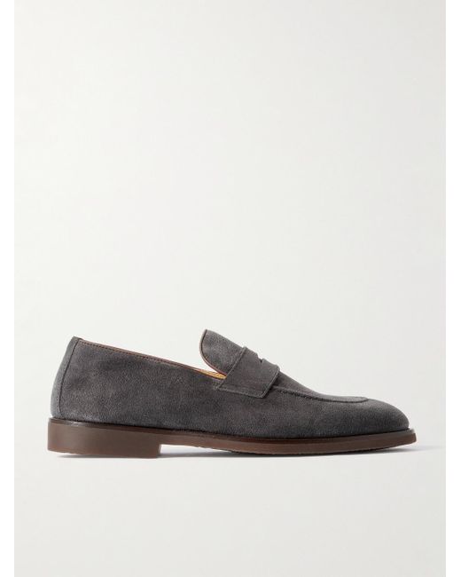 Brunello Cucinelli Gray Leather-trimmed Suede Penny Loafers for men